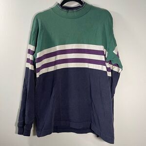 Vintage American Eagle Retro High Neck Pullover in Green w/ Purple Stripe - Medi